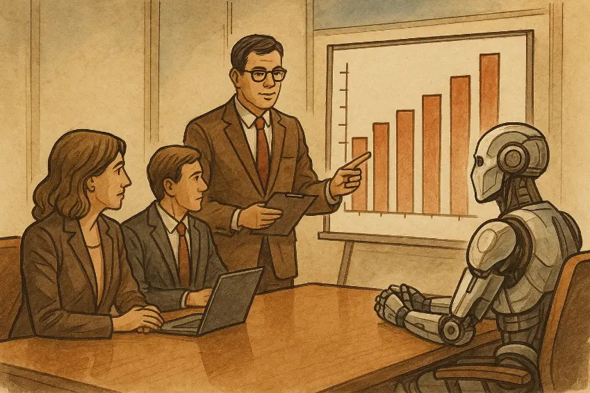 A boardroom scene where marketers present a bar graph to a robot