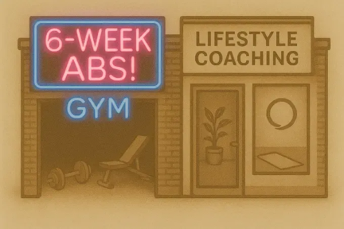 A gym with neon signs promoting 6Week Abs across from a calm wellness studio titled Lifestyle Coaching