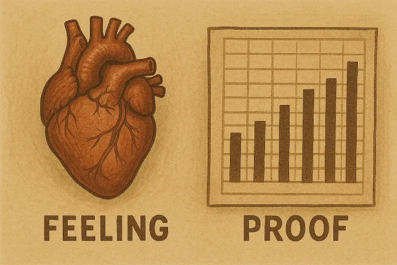 A human heart vs. a spreadsheet one labeled Feeling, the other Proof