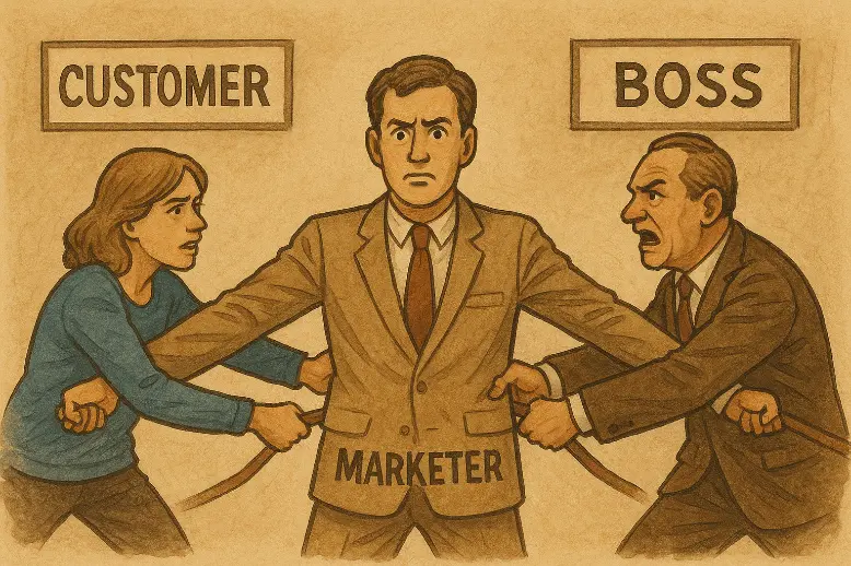 A marketer standing between a customer and a boss each pulling them in opposite directions