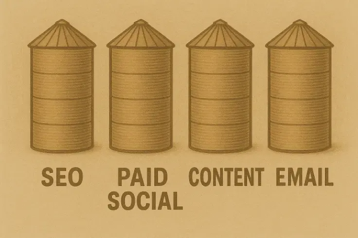A row of silos labeled SEO Paid Social Content Email with no bridge between them