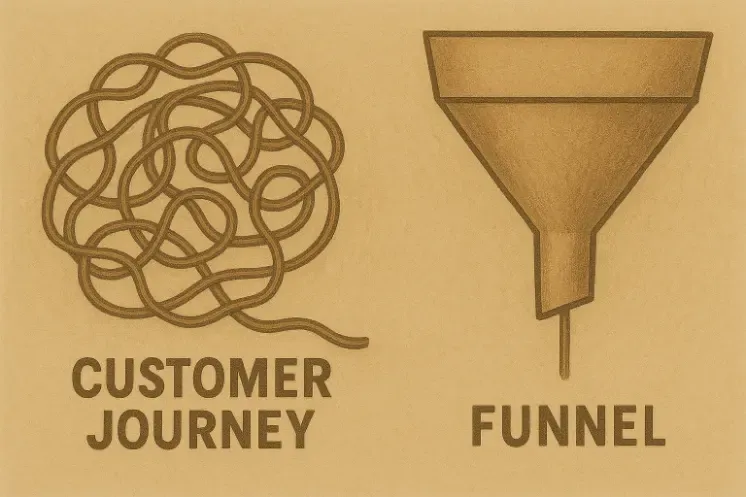 A tangled yarn path labeled Customer Journey vs. a straight funnel.
