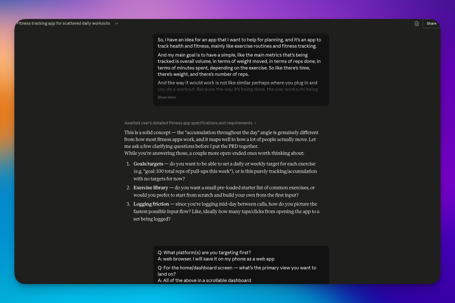 Screenshot of the Claude chat conversation showing the back-and-forth Q&A that led to the PRD