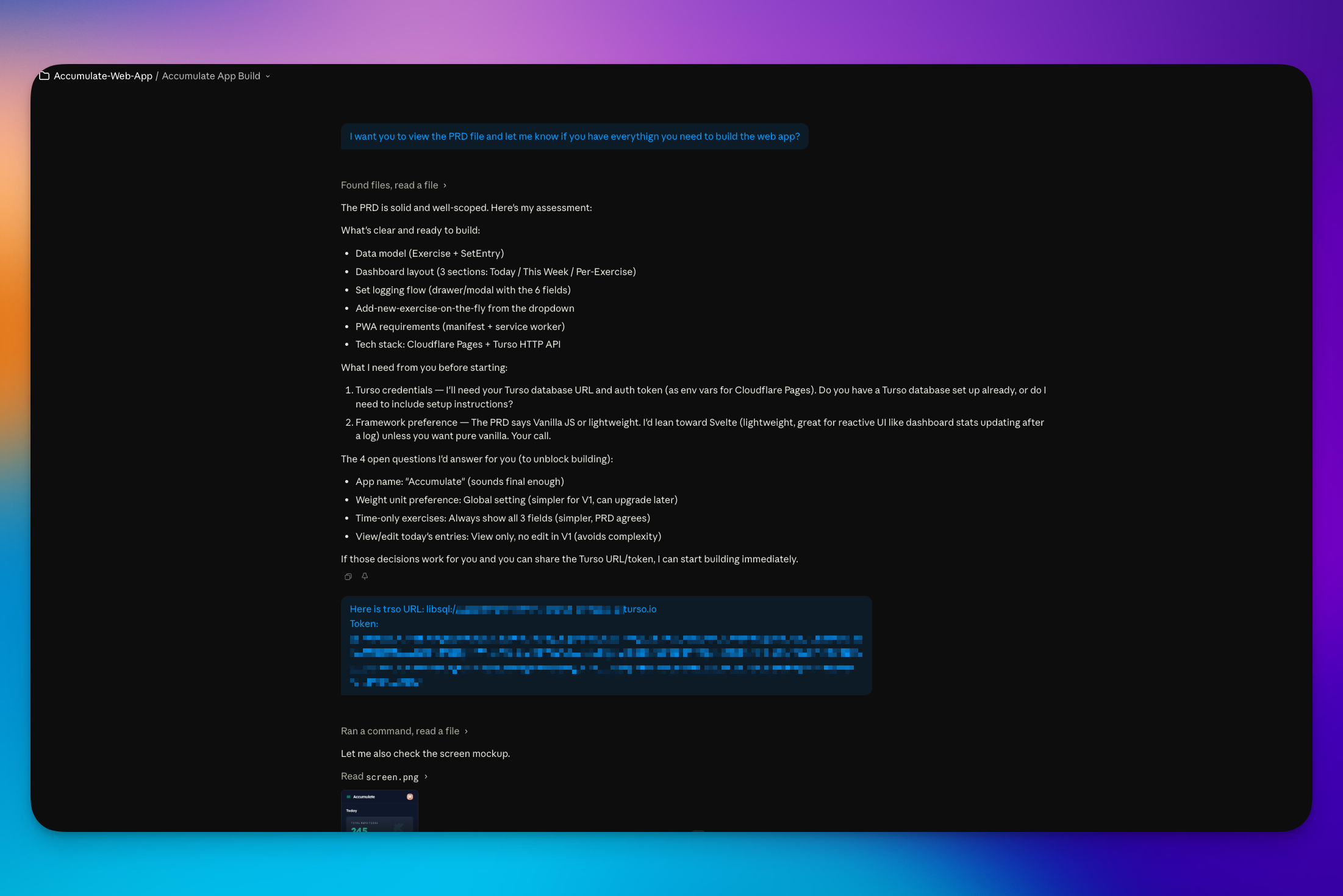 screenshot of claude code with accumulate prd