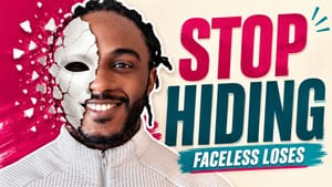 image of Chris latham with a mask half on his face next to text that reads "Stop hiding Faceless loses"