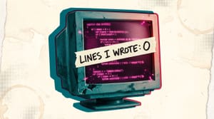 Battered computer screen full of AI-written code, taped over with a handwritten label: "Lines I wrote: 0"